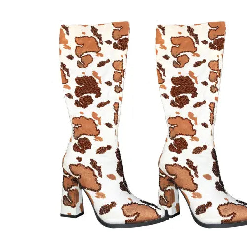 Cow print heeled boots rhinestone embellished with Smoked Amber Swarovski Crystals from Bluestreak Crystals