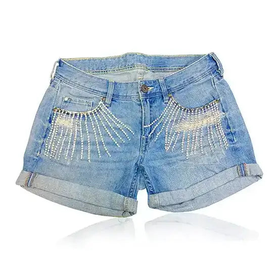 Denim shorts customised with Preciosa Crystals cup chain from Bluestreak Crystals.