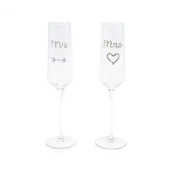 champagne flutes decorated with a Mr and Mrs design using Swarovski Rhinestones from Bluestreak Crystals