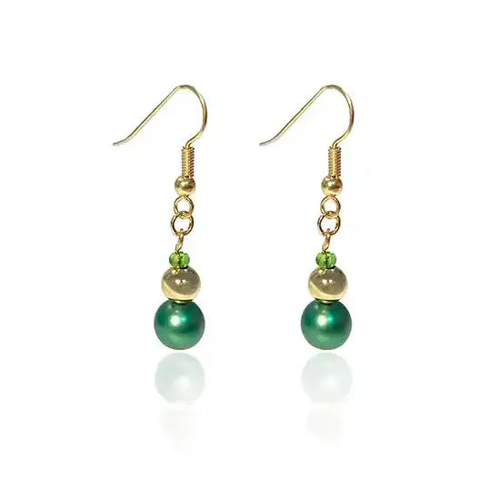 Swarovski crystal green pearls and gold bead earrings on gold plated ear wires to create fabulous earrings from the jewellery projects at Bluestreak crystals