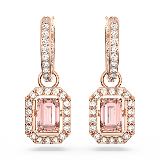 Swarovski Una Drop Earrings Octagon Cut Pave Pink Rose Gold-Tone Plated