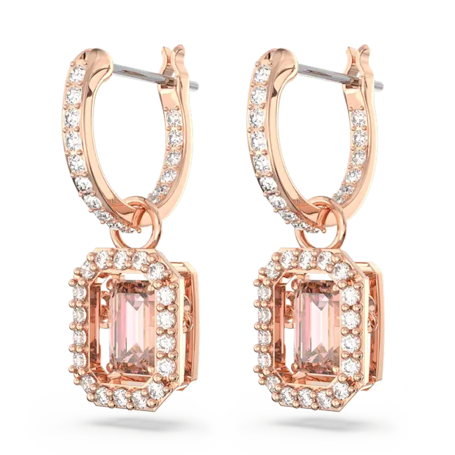 Swarovski Una Drop Earrings Octagon Cut Pave Pink Rose Gold-Tone Plated