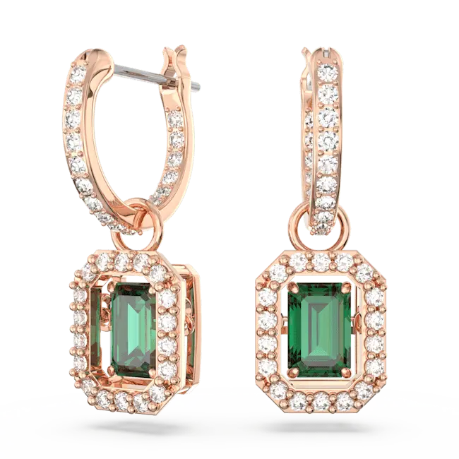 Swarovski Una Drop Earrings Octagon Cut Pave Green Rose Gold-Tone Plated