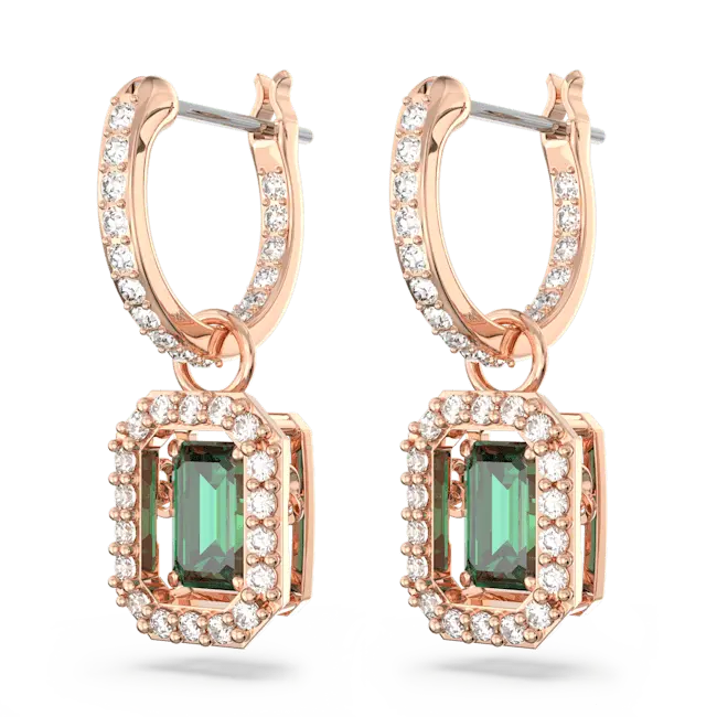 Swarovski Una Drop Earrings Octagon Cut Pave Green Rose Gold-Tone Plated