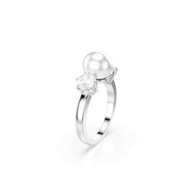 Swarovski Matrix Cocktail Ring Crystal Pearl Round Cut White Rhodium Plated