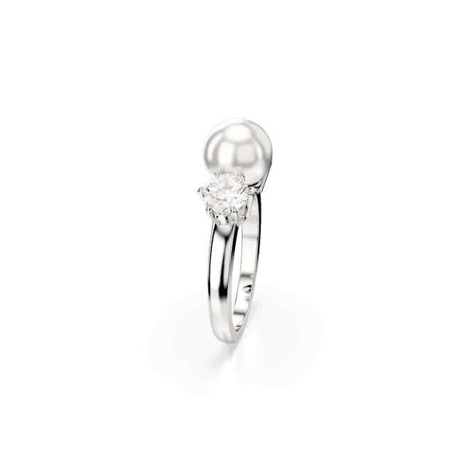 Swarovski Matrix Cocktail Ring Crystal Pearl Round Cut White Rhodium Plated