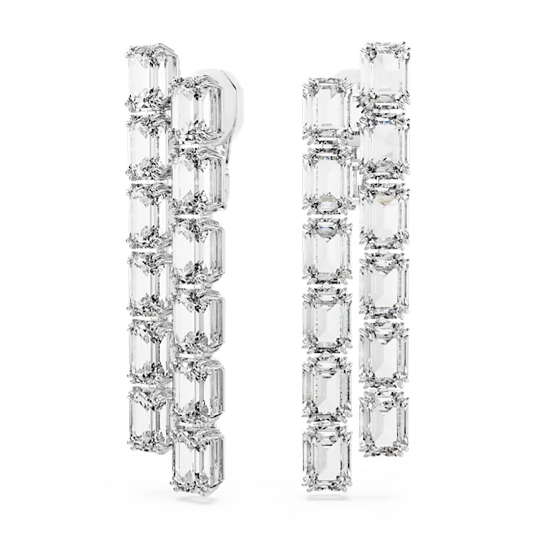 Swarovski Millenia Clip Earrings Octagon Cut Long White Rhodium Plated